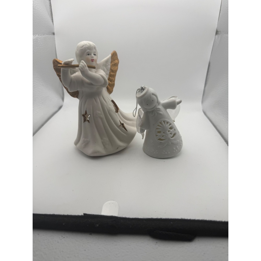 Vintage White Porcelain Angel Figurine Set Tea Light Holder Gold Wings Ornament